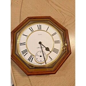 Vintage Seth Thomas Octagonal Quartz Wall Clock Brown Wooden Frame - Works